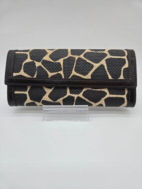 Jeun Bang Giraffe Print Accordion Wallet Raffia Leather Flap Clutch Pre-Loved
